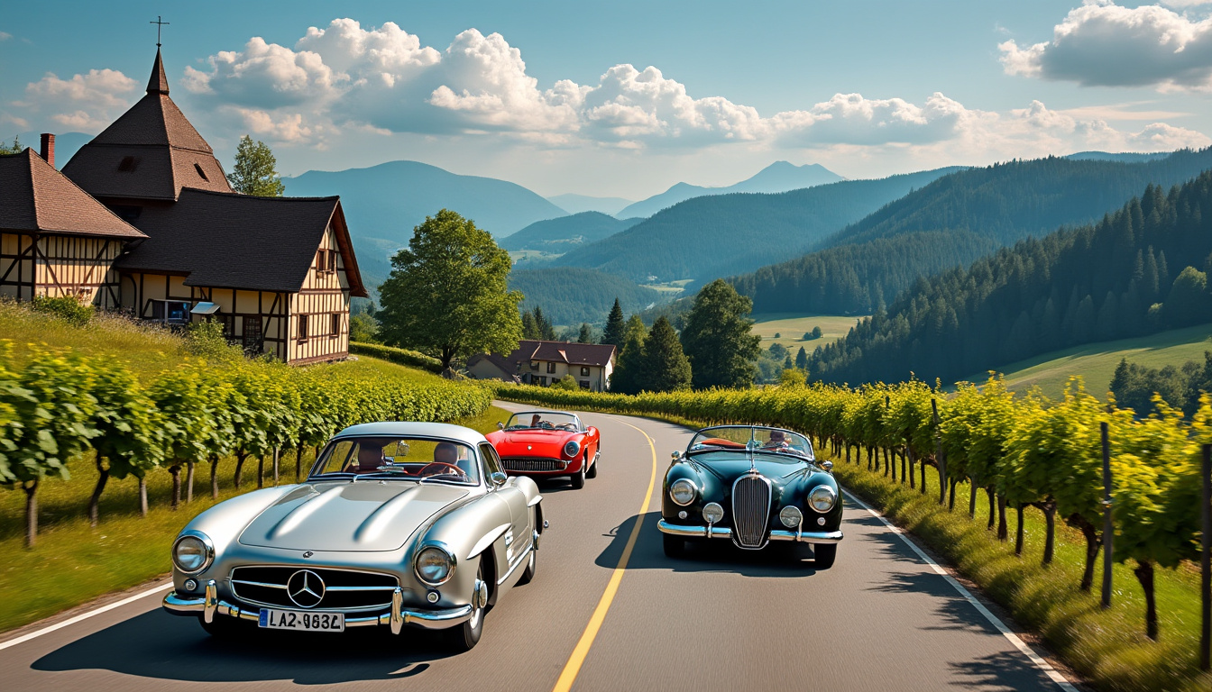 venez découvrir le fascinant voyage d'un cortège de voitures vintage traversant l'alsace pour rejoindre la forêt-noire depuis la suisse. une aventure unique à travers des paysages pittoresques, un hommage à l'histoire automobile et une célébration de la passion pour les véhicules d'antan.