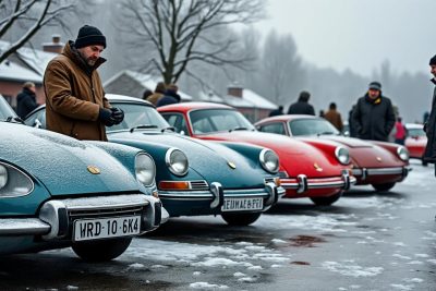 découvrez les photos des passionnés de voitures de collection à vesoul, qui affrontent le froid et le sel au volant de leurs citroën ds, renault r8, porsche et autres modèles classiques.