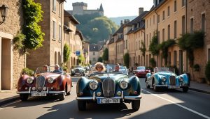 à chauvigny, les passionnés du club léon-lacombe sillonnent la ville en voitures anciennes et redécouvrent son patrimoine au fil des rues.